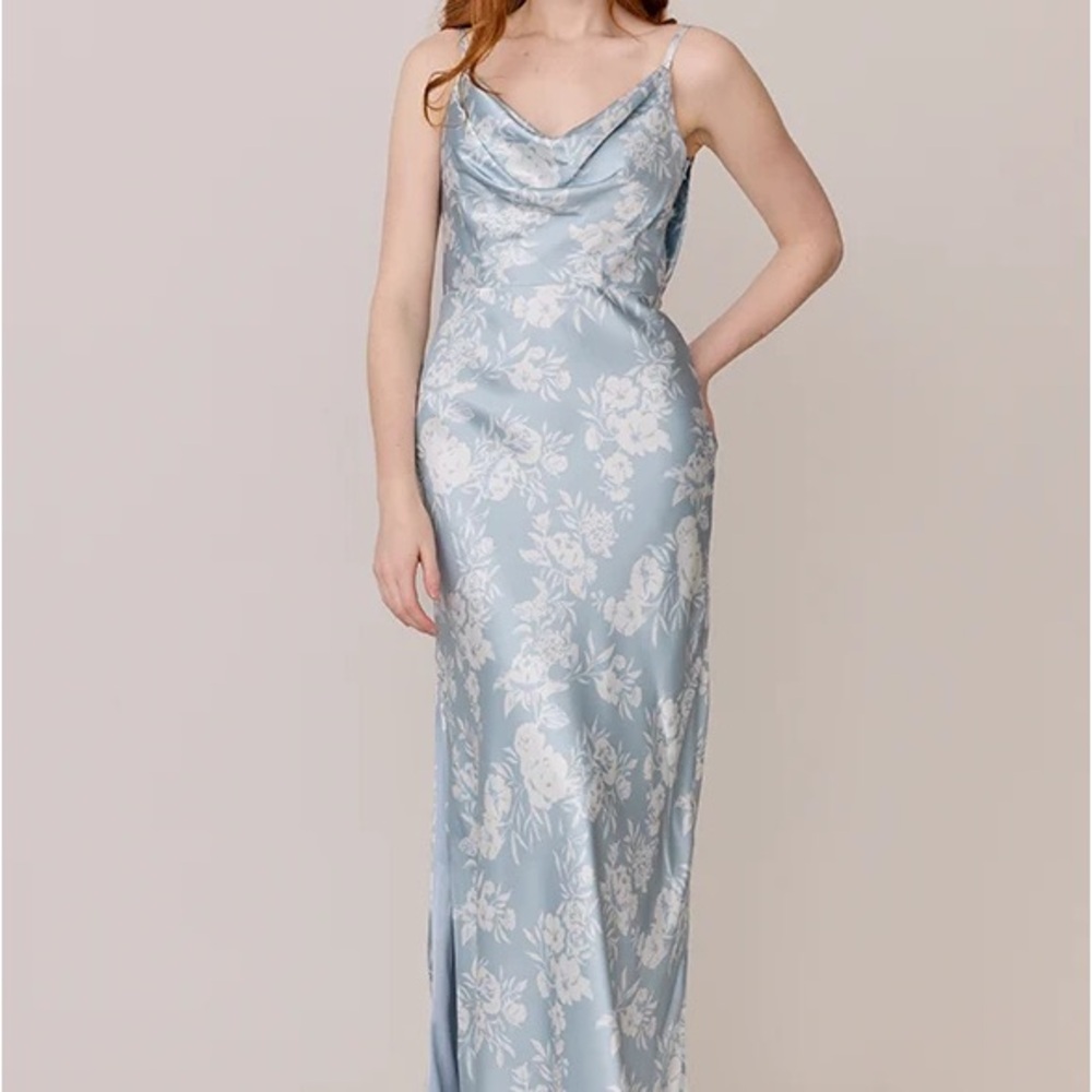 Revelry Sky Blue Bouquet Nadia Satin Floral Print Dress